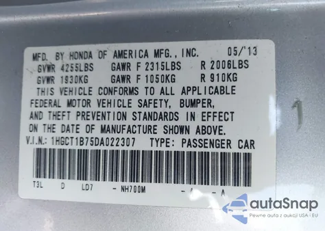 2013 Honda Accord Ex z USA, uszkodzony, nr VIN 1HGCT1B75DA022307